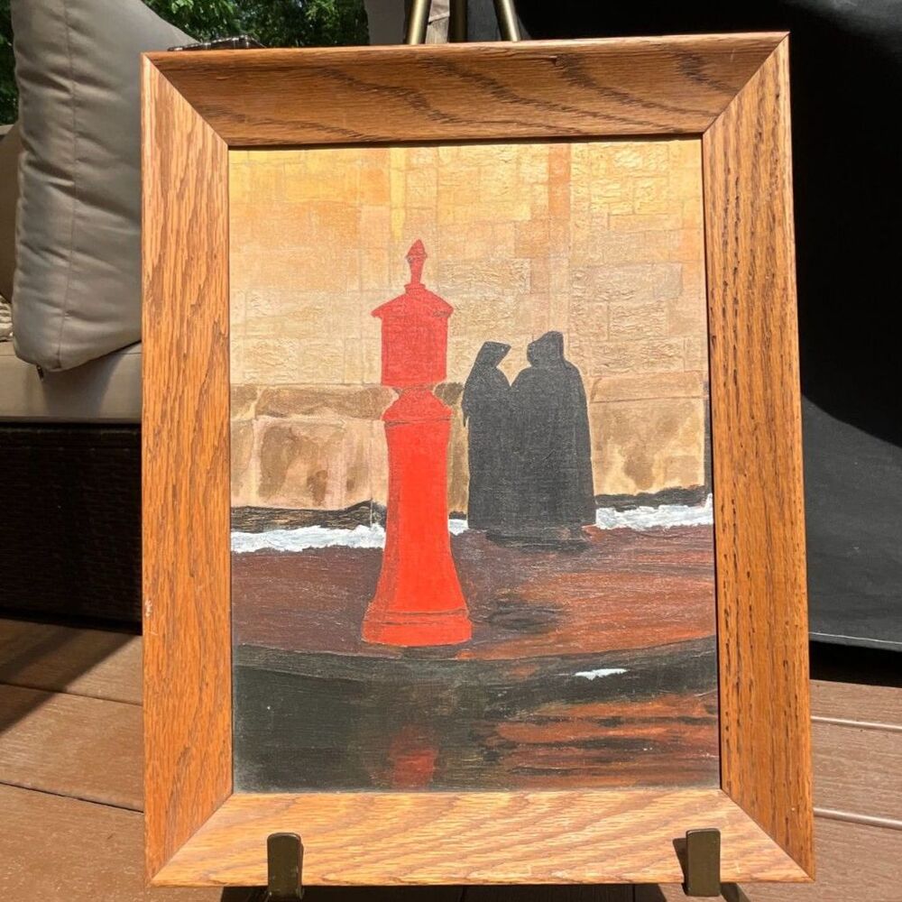 1967 Oil on Board painting silhouetted hooded figures with buoy by wall signed